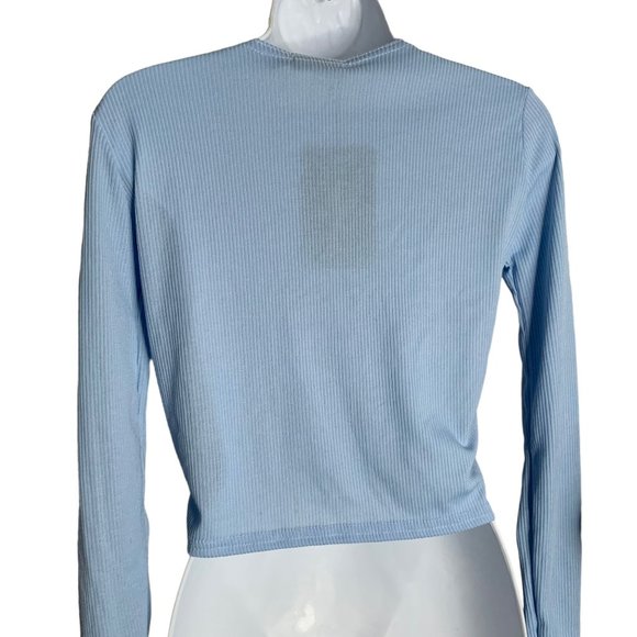 Pretty Little Thing Tie Front Crop Top 2 Baby Blue Ribbed Knit Long Sleeves NEW - Picture 3 of 4